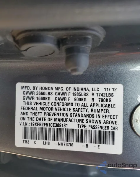 2012 Honda Civic Lx from USA, damaged, VIN 19XFB2F51CE389181